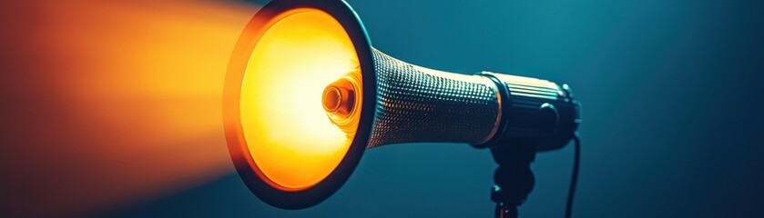 A vintage megaphone emitting bright light, symbolizing communication and amplification in a creative and artistic manner.