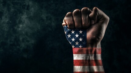 American flag on hand on wooden background.