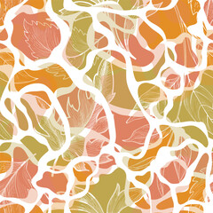 Wall Mural - Floral leaves autumnal seamless pattern. Flowing organic shape foliage texture. Flourish nature garden drawing. Fall leaves Seasonal Nature background.