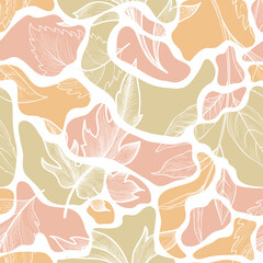 Wall Mural - Floral leaves autumnal seamless pattern. Flowing organic shape foliage texture. Flourish nature garden drawing. Fall leaves Seasonal Nature background.