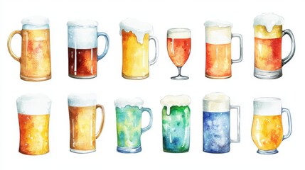 Wall Mural - Beer mugs collection. White background. Watercolor illustrations set