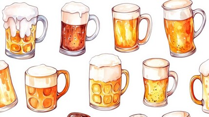 Wall Mural - Beer mugs collection. White background. Watercolor illustrations set