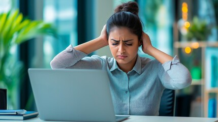 young woman hindu suffering from headache sitting in front of laptop