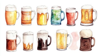 Wall Mural - Beer mugs collection. White background. Watercolor illustrations set