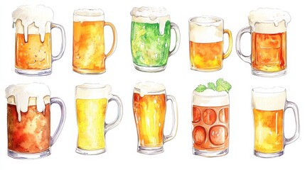 Wall Mural - Beer mugs collection. White background. Watercolor illustrations set