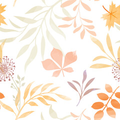 Wall Mural - Autumn seamless pattern. Fall leaves Background. Autumnal Nature texture. Flourish leaves decor. Watercolor Drawing for your design