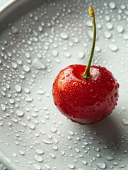 Wall Mural - Single cherry with water droplets on a wet gray plate.