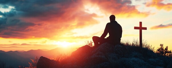 Wall Mural - Man praying on mountain top at sunset with cross