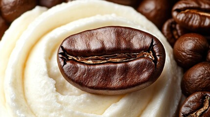   A zoomed-in image of a cake with coffee beans sprinkled on top and whipped cream piled high behind it