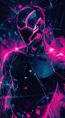 Wall Mural - A man in a black suit with a glowing head and pink background. The background is pink and has a futuristic feel to it