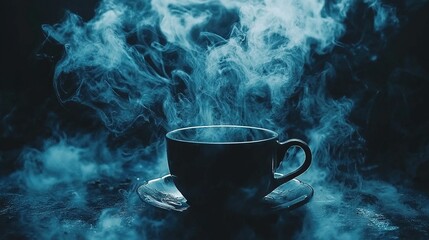 Sticker -   A cup of coffee sits atop a smoke-covered saucer atop a table