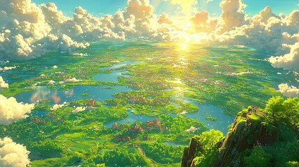 Wall Mural -   Sunlight dances through cloudy skies over vast water, framed by verdant hillsides