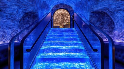 Sticker -   An escalator in a frozen tunnel is illuminated by blue lights