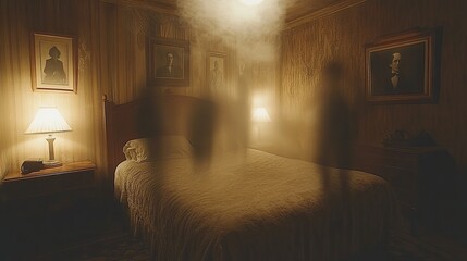 A bedroom with a bed and a lamp. The lamp is lit and there are three people in the room