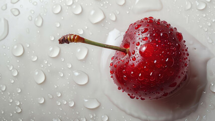 Wall Mural - A single cherry with water droplets on a white surface.