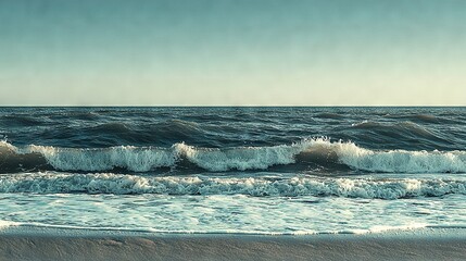 Poster -   A picture of a shoreline with waves crashing and a person riding a surfboard in the foreground