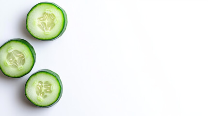 Wall Mural - Cucumber with its vibrant green color, freshly sliced and isolated on a pure white background, captured from above.