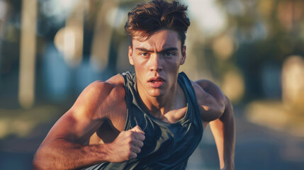 Wall Mural - A close-up shot of a man jogging with an intense expression, muscles tensed, focus on his determined face