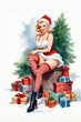 © Gi - Vintage Christmas card with a cute blonde pin up dressed as Santa Claus and wearing striped socks with christmas tree and gifts