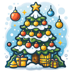 Christmas tree with gifts and baubles. Vector cartoon illustration