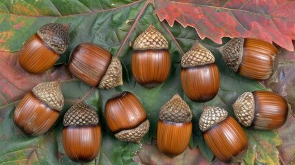 Canvas Print - acorns scattered on an autumn leaf