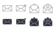 © Irene - Vector icons letter mail. Check email, new message information. Email address, business correspondence and social media notification. Editable stroke thin line and black solid set.