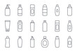© Irene - Vector icons of shampoo bottle. Care cosmetics, conditioner for beauty and health of hair. Plastic organic packaging sustainable. Liquid soap balm, moisturizing masks. Editable stroke thin line set.