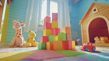   A kid's room featuring a giraffe and a wooden block building set on the floor