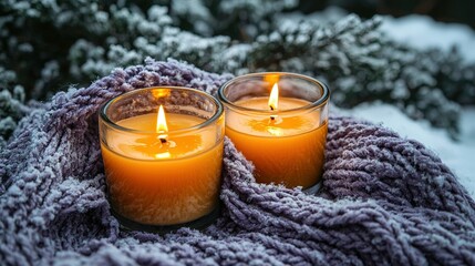 Canvas Print -   Two candles on a blanket in winter, beside a snow-covered pine tree