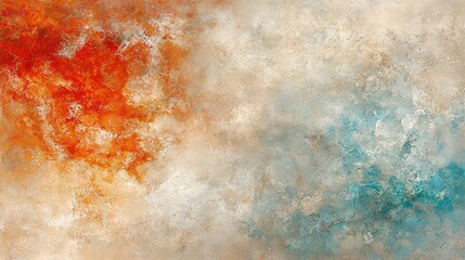 Poster -   A painting of orange and blue on a white and beige background, featuring red and blue design on the left side