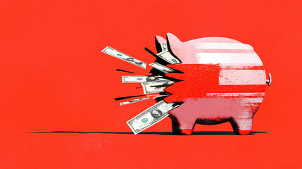 broken piggy bank, red market, economic crisis concept