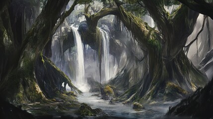 Wall Mural - A tranquil forest landscape featuring cascading waterfalls and dense, ancient trees in a misty setting during dawn