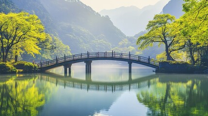 Wall Mural - A serene early morning view of a traditional bridge surrounded by lush greenery and misty mountains in a tranquil lake setting