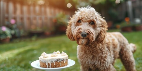 Goldendoodle celebrating with a birthday cake in a residential backyard