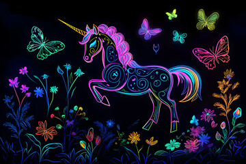 Wall Mural - Majestic neon unicorn with butterflies and flowers in enchanted forest isolated on black background