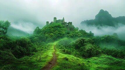 Wall Mural - Ruins of an ancient castle shrouded in mist surrounded by lush greenery on a tranquil hillside in early morning light