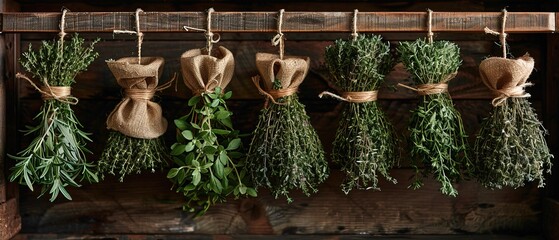 bundles of dried thyme, oregano, and basil hanging from a rustic wooden rack