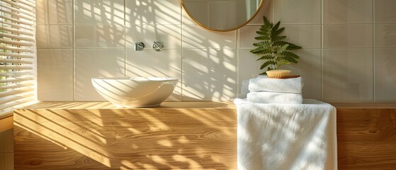 A white towel is hanging on a hardwood towel rack in a bathroom 