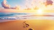 © BYAI - Golden sunset over the ocean reveals gentle waves and footprints on the sandy beach during a tranquil evening by the shore