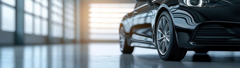 sleek black car in a modern garage with reflective floor and soft light from windows, showcasing elegant design and style.