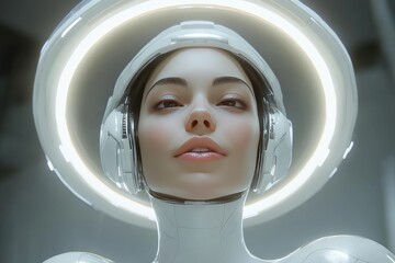 Poster - Futuristic woman in a glowing ring symbolizing the fusion of human and technological evolution in a sleek modern setting capturing the essence of future innovation