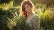 © klss777 - A redhead in a floral gown holds blooming rosemary in a sunlit herbal garden, embodying natural healing.