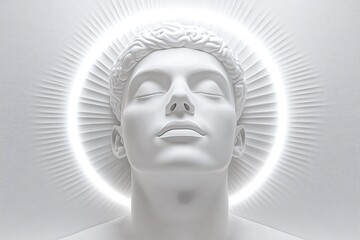 Poster - Serene depiction of a meditative figure with a glowing halo symbolizing inner peace spirituality and the connection between mind and energy in a minimalist modern aesthetic