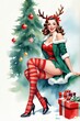 © Gi - Vintage Christmas card with a cute pin up dressed in Santa's reindeer style and wearing striped socks with christmas tree and gifts