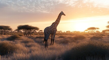 Giraffe Silhouetted Against Sunset in African Savanna