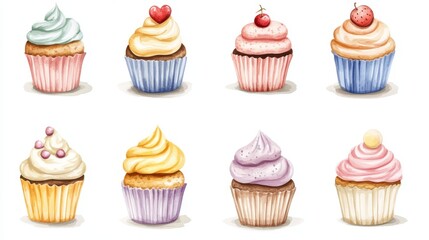 Canvas Print - Cupcakes set. White background. Watercolor illustrations