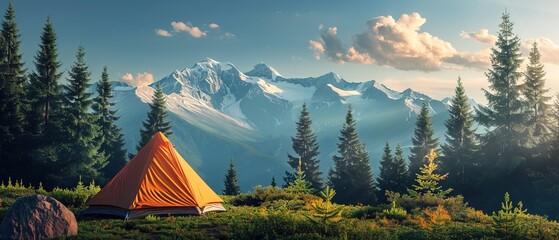 Wall Mural - Tourist camp in the mountains, tent in the foreground 