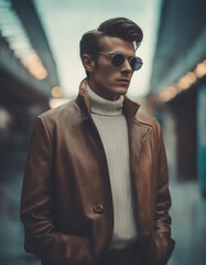 Wall Mural - A portrait of a man with a vintage, 60s-inspired hairstyle and a high-collared jacket, wearing 