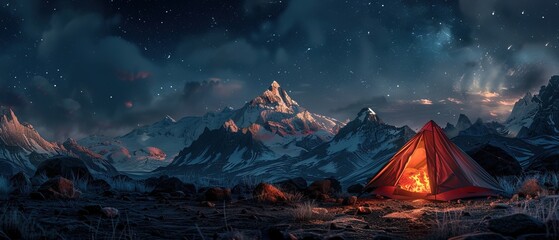 Wall Mural - Glowing red tent camping at mountain lava, night sky glowing 