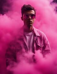 Wall Mural - A powerful portrait of a young man surrounded by pink smoke, wearing round, pink sunglasses